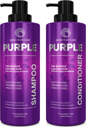 BINGO HAIR CARE front packaging showing purple shampoo and conditioner for tone correction