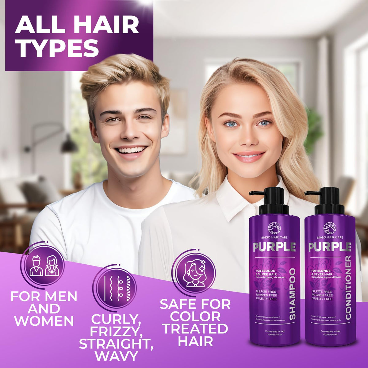 BINGO HAIR CARE lifestyle image blonde model with glossy neutral-toned hair