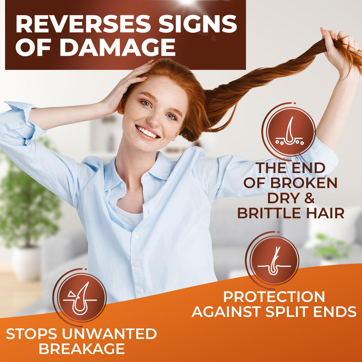 BINGO HAIR CARE styled hair on bathroom shelf lifestyle shot showing frizz control result