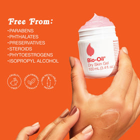 Bio-Oil gel applied to face illustrating lightweight, non-greasy finish