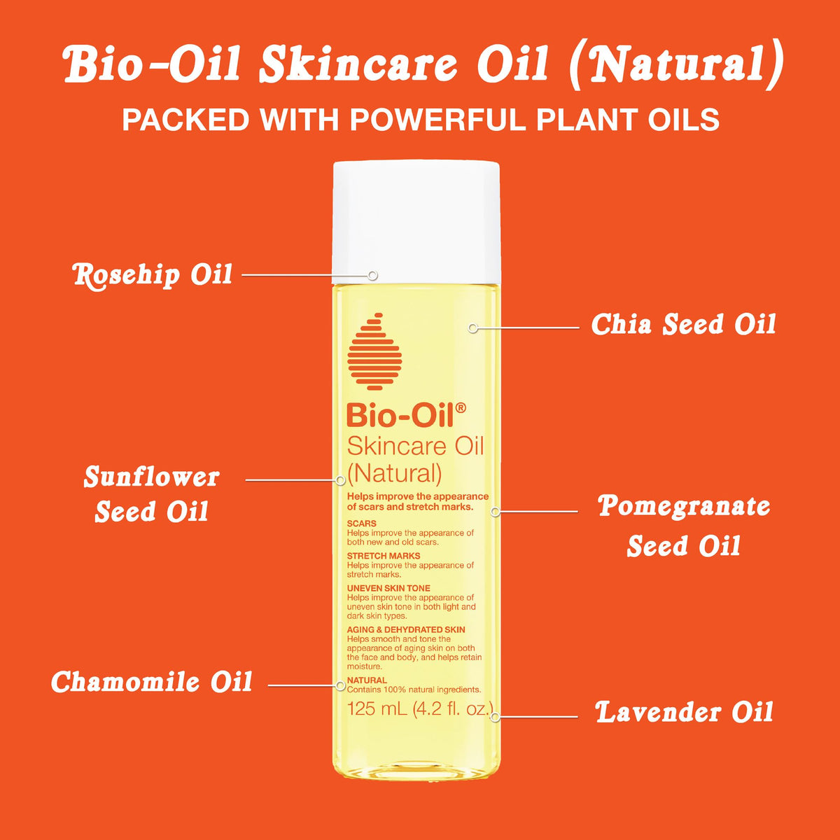Bio-Oil beside common objects for scale showing 4.2 oz travel-friendly benefit