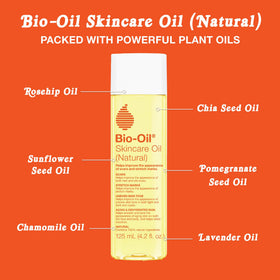 Bio-Oil beside common objects for scale showing 4.2 oz travel-friendly benefit
