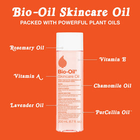 Bio-Oil beside ruler showing 6.7 oz scale, brand clarifies product size benefit