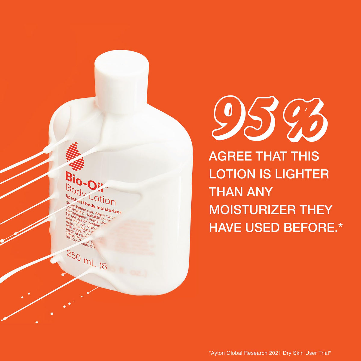 Close-up texture of Bio-Oil lotion, highlights ultralight absorbent finish