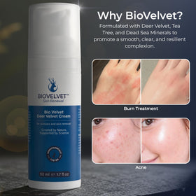 Bio Velvet on bathroom shelf in lifestyle scene indicating everyday routine inclusion