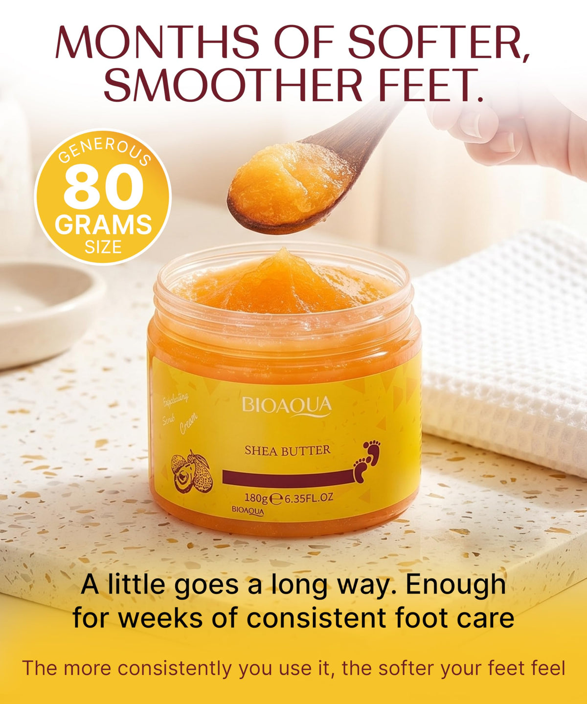 BIOAQUA scrub placed in bathroom setting suggesting relaxing at-home pedicure benefit