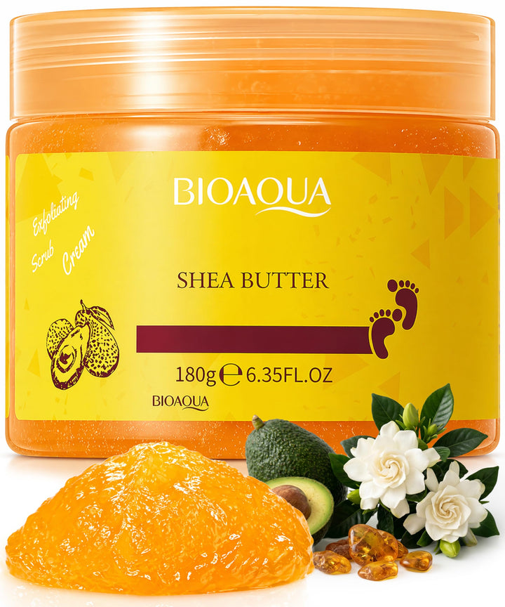 BIOAQUA foot scrub jar front view showing packaging and product name, clear benefit