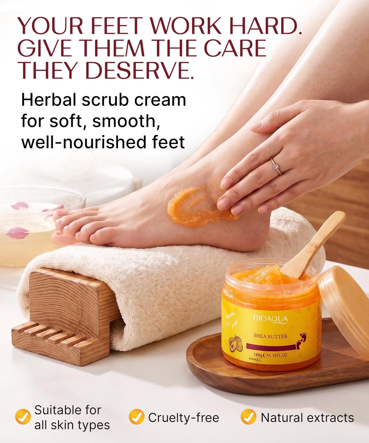 BIOAQUA open 180g jar with visible cream interior, convenient home pedicure size benefit