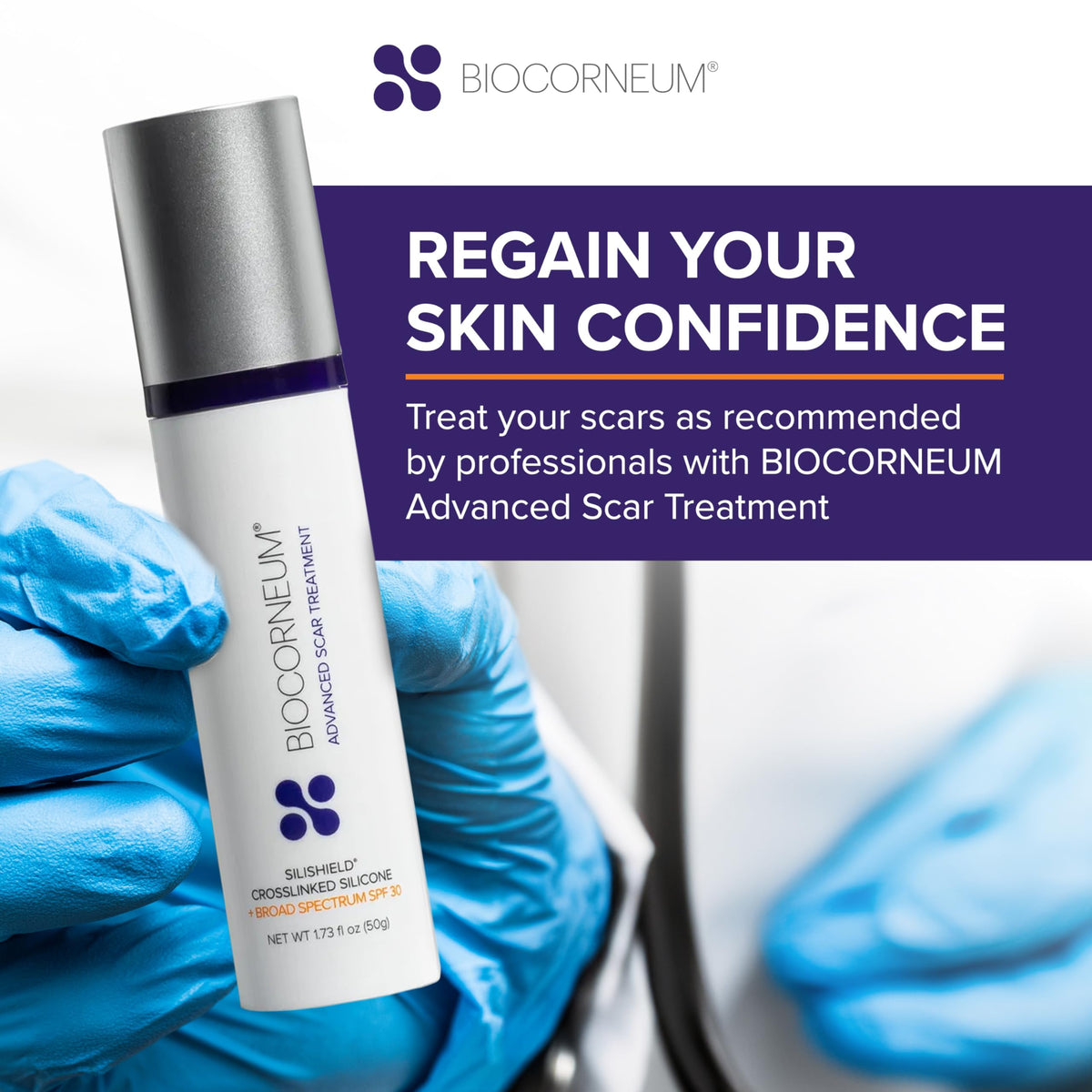 BIOCORNEUM on bathroom counter lifestyle shot promoting daily routine