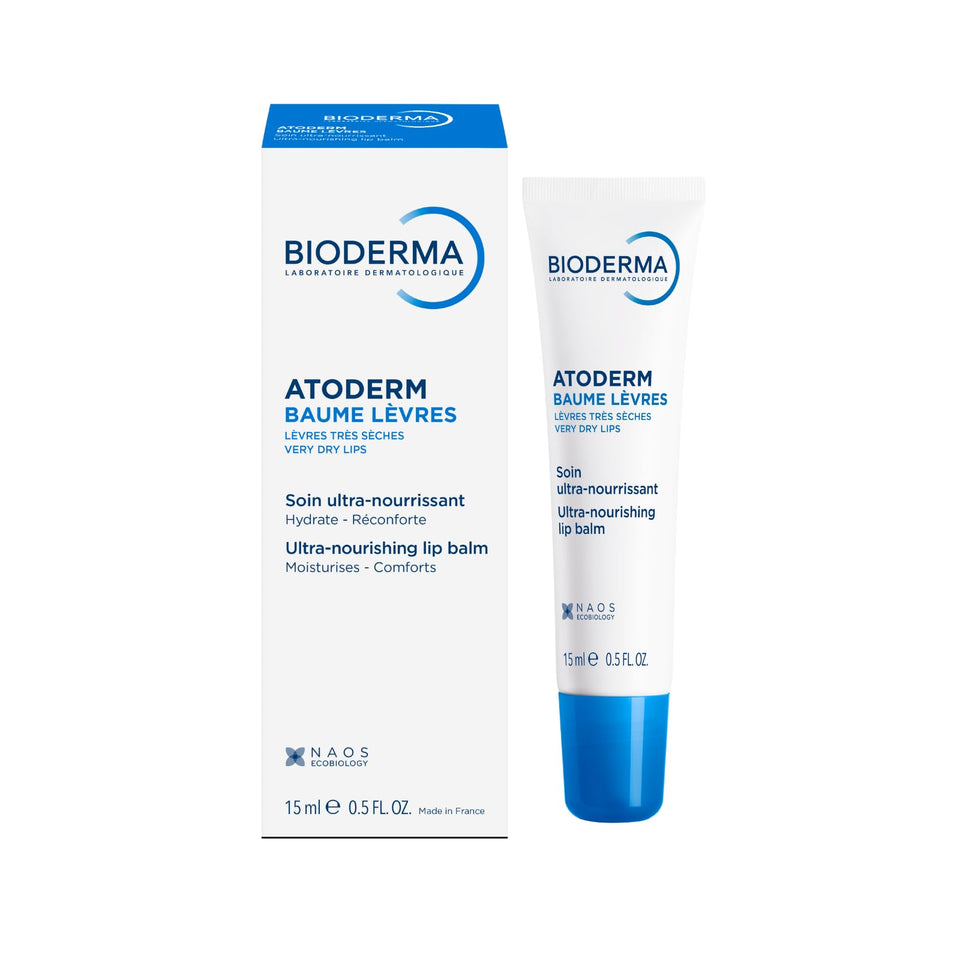 Bioderma Atoderm Lip Balm front packaging showing product benefits and brand