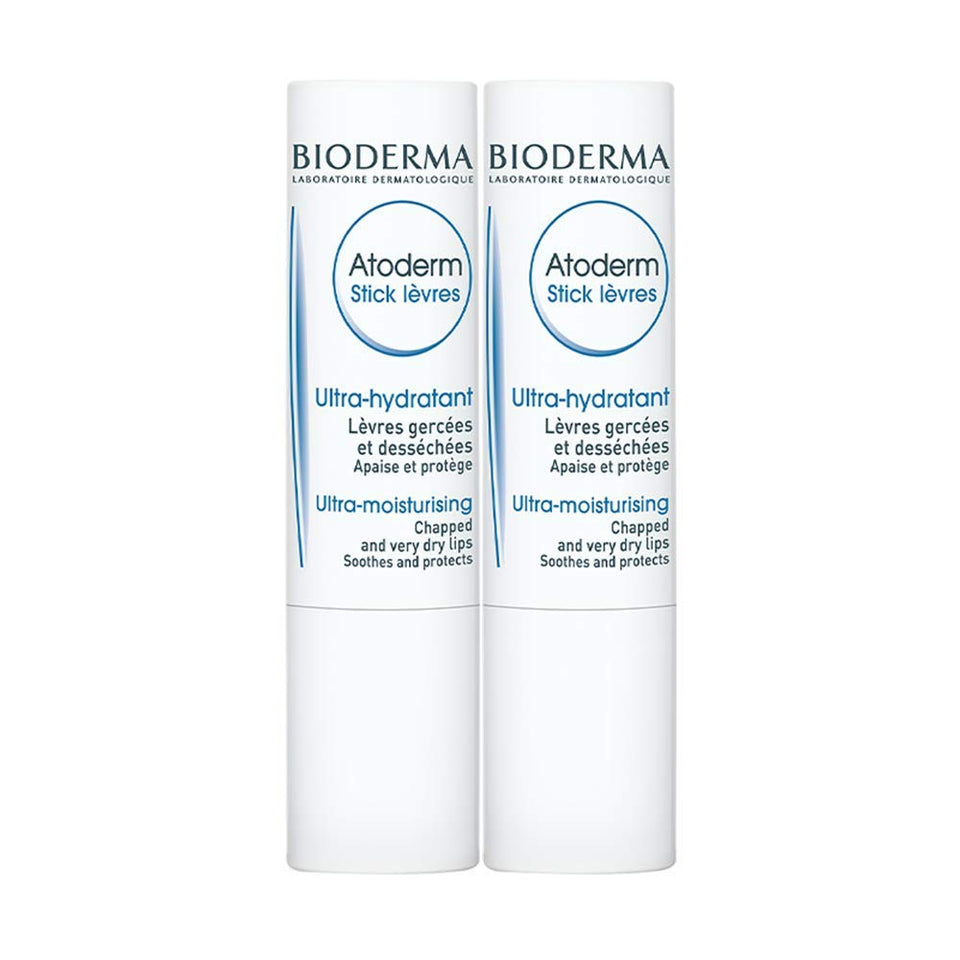 Bioderma Atoderm lip stick front packaging showing compact duo benefits