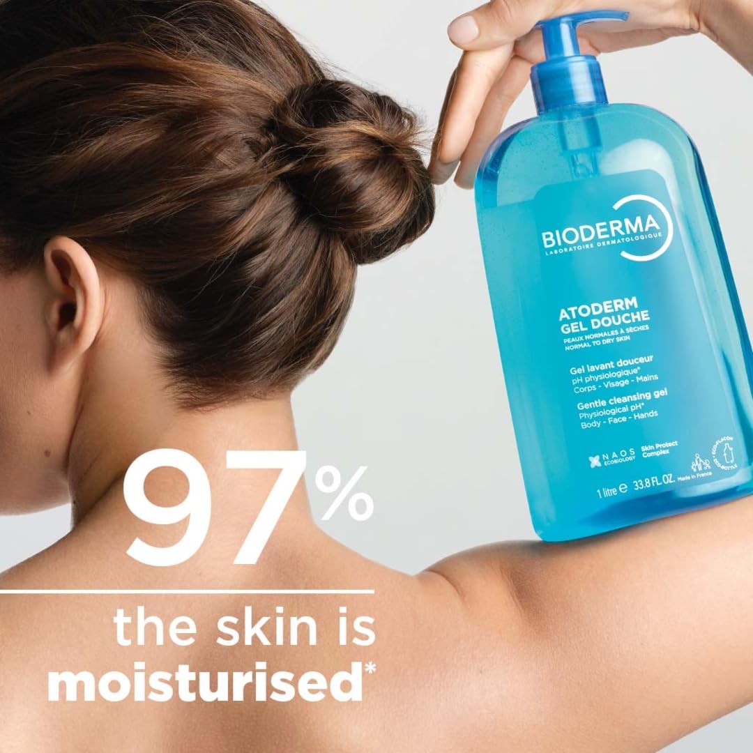 Bioderma in-shower use showing gentle application for face and body