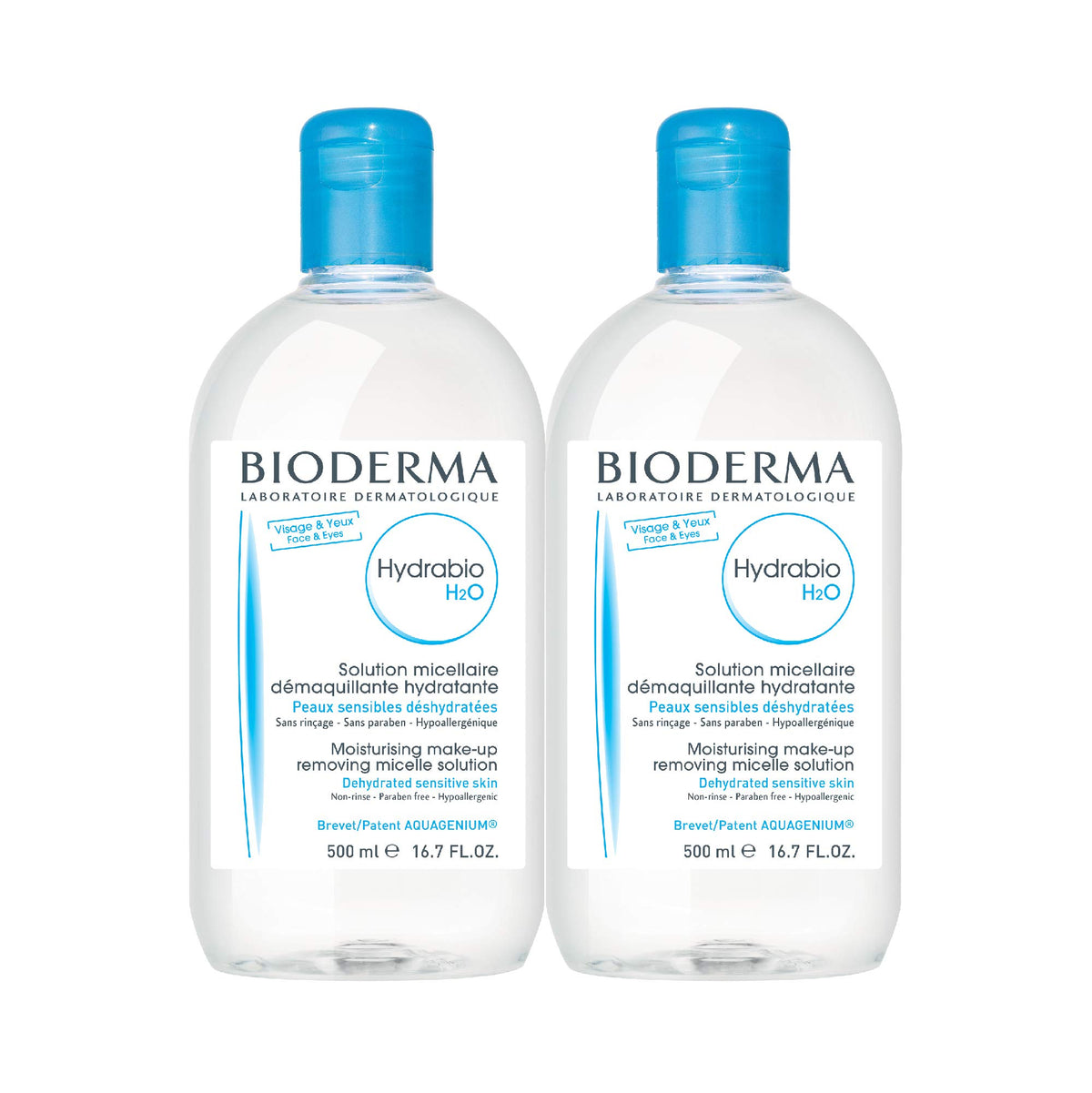 Bioderma Hydrabio H2O front packaging showing large 33.4 fl oz bottle benefit: economical supply