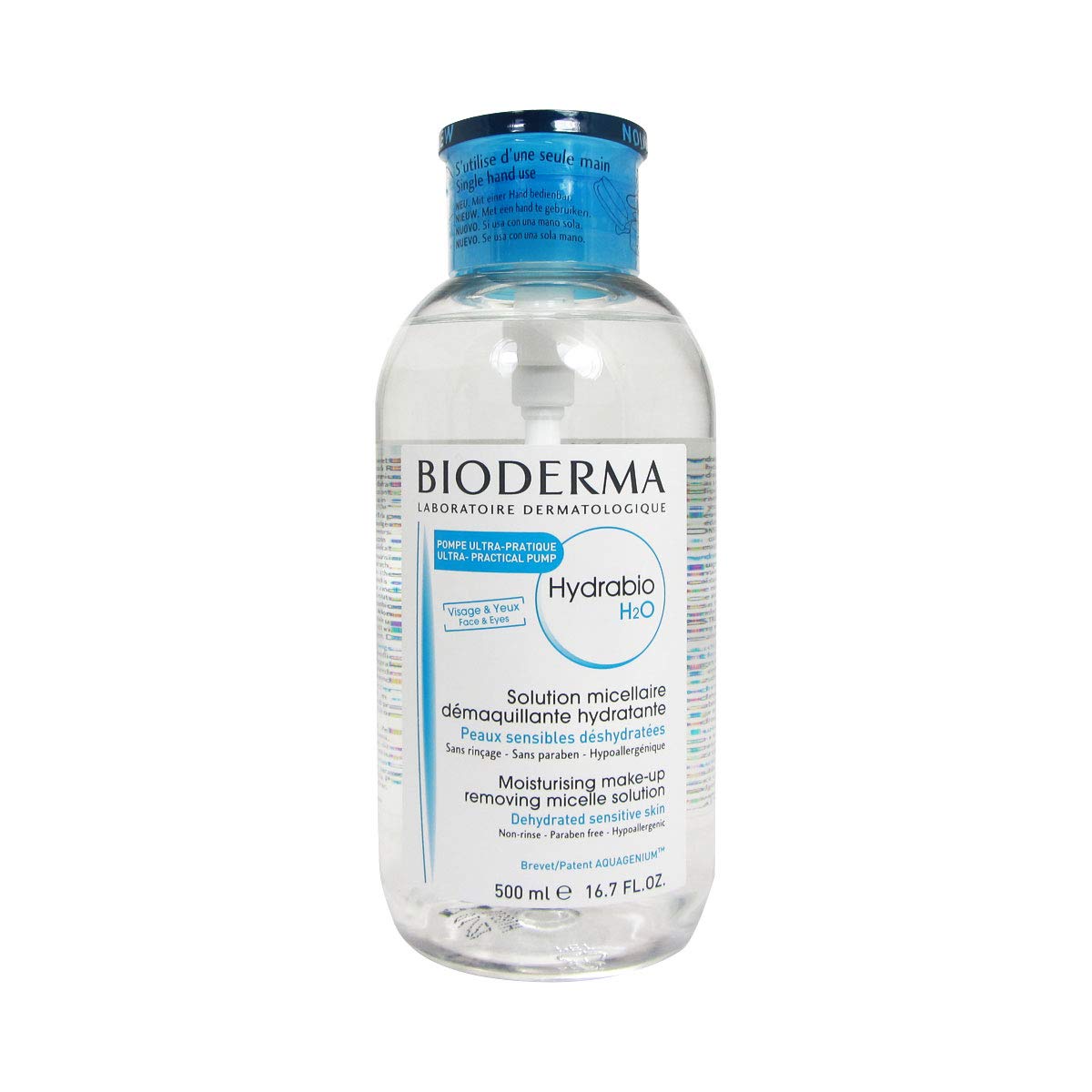 Bioderma Hydrabio H2O pump bottle front view showing label and hydration benefit