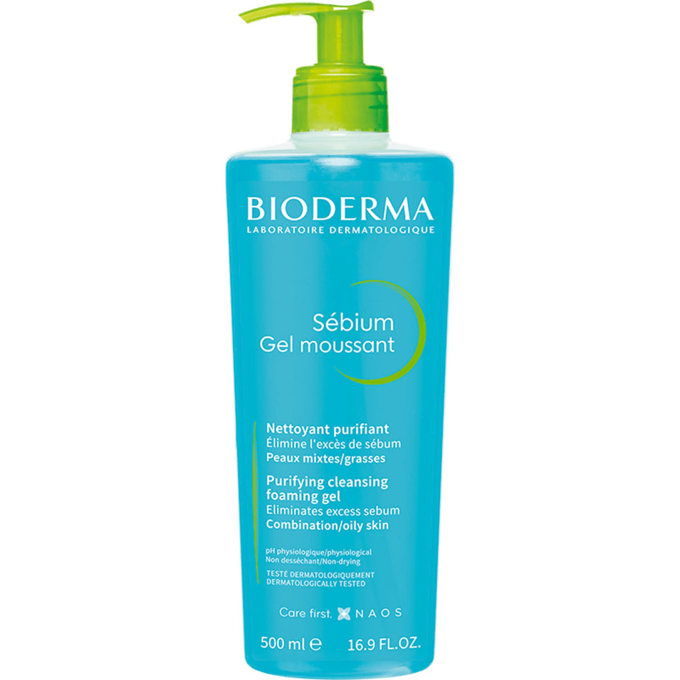 Bioderma Sébium pump bottle front view showing clear label and volume