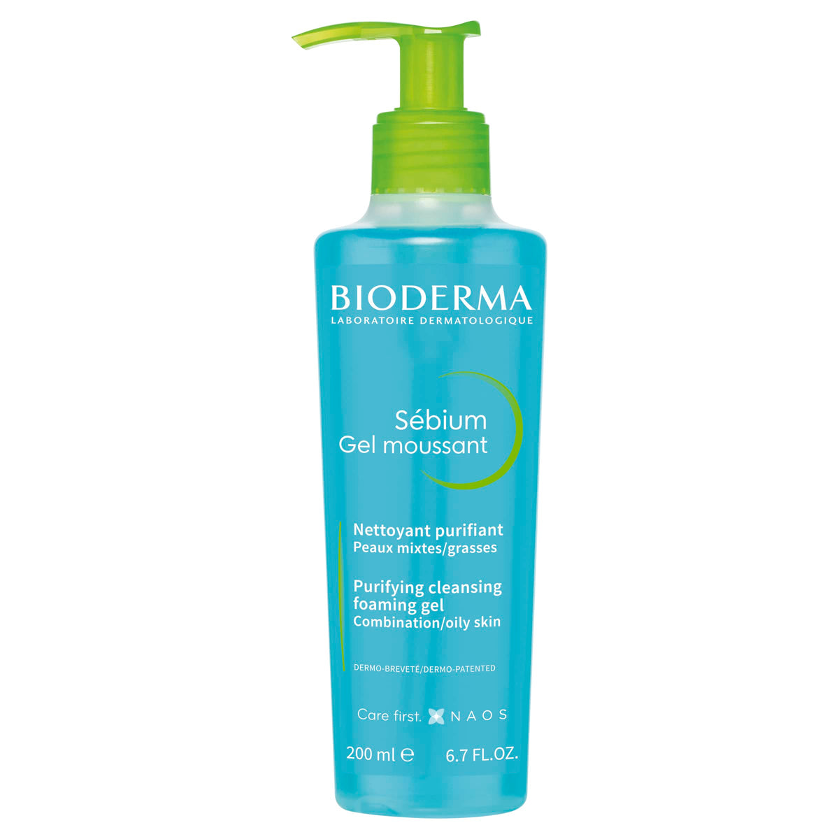 Bioderma bottle front view showing pump and product benefit of gentle cleansing