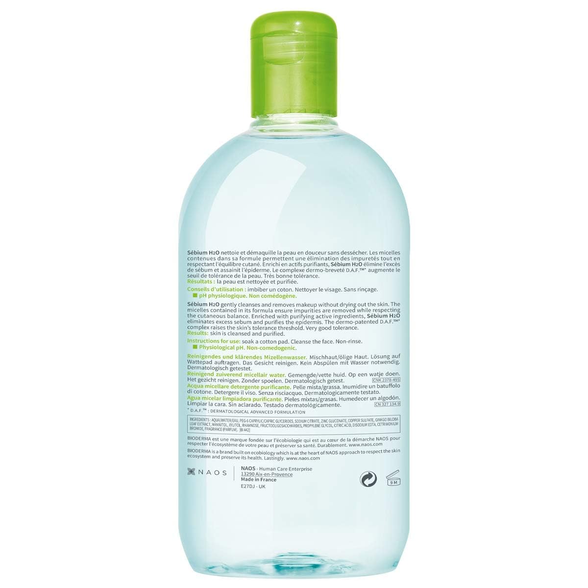 Bioderma Sébium H2O bottle close-up of cap and liquid texture for gentle cleansing