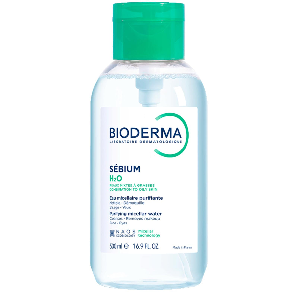 Bioderma Sébium H2O pump bottle frontal view showing large size and clean design benefit