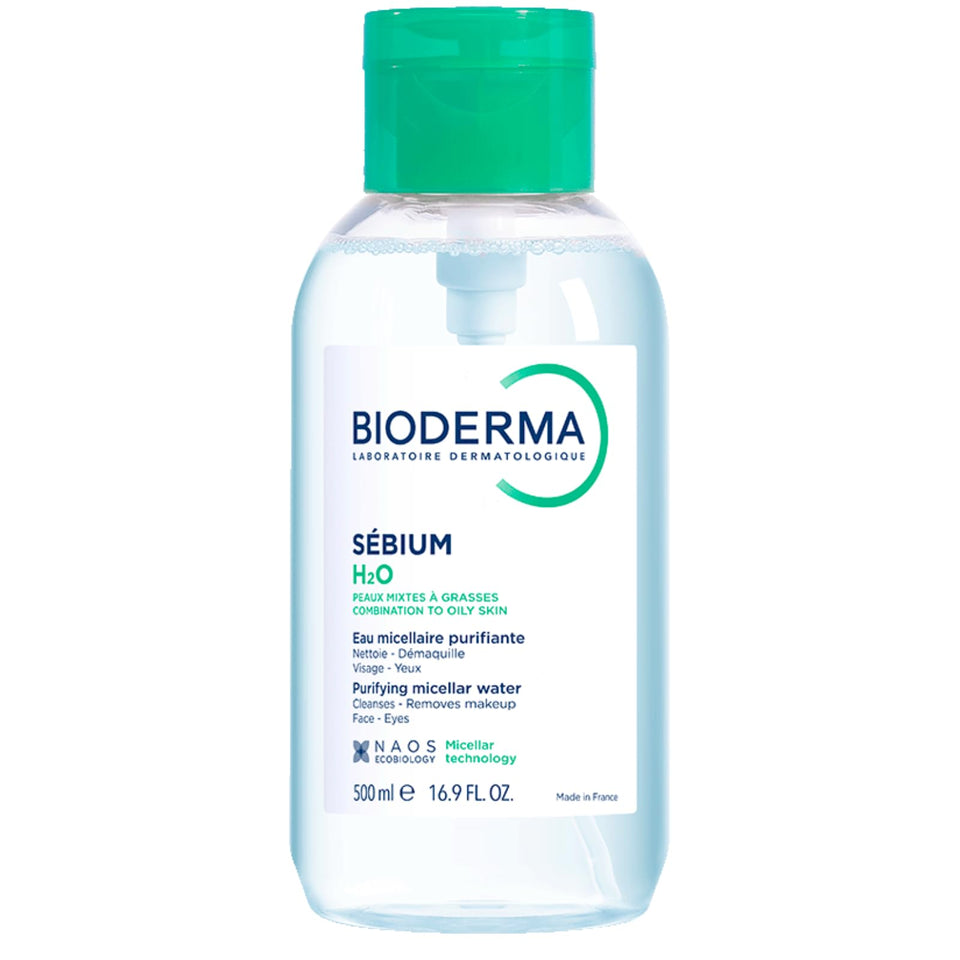 Bioderma Sébium H2O pump bottle frontal view showing large size and clean design benefit