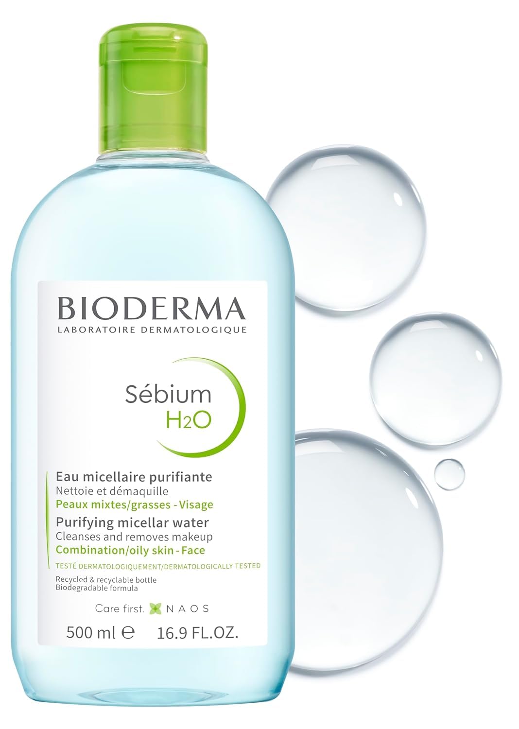 Bioderma Sébium H2O being poured onto a cotton pad removing makeup quickly