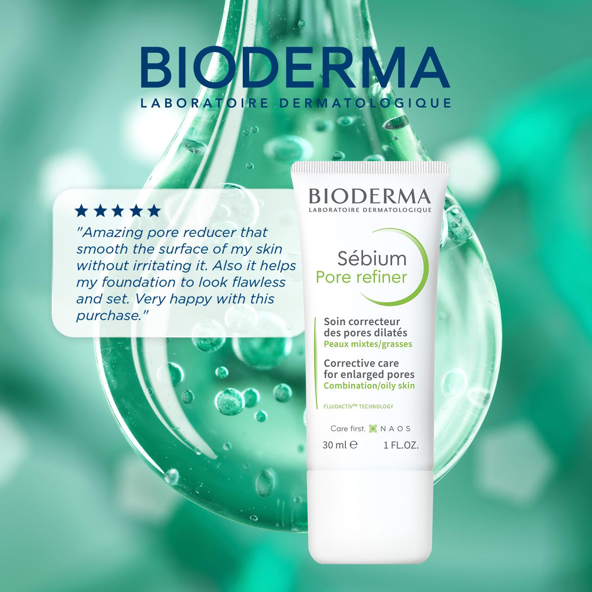 Bioderma tube next to a coin showing 1 fl oz compact travel size benefit