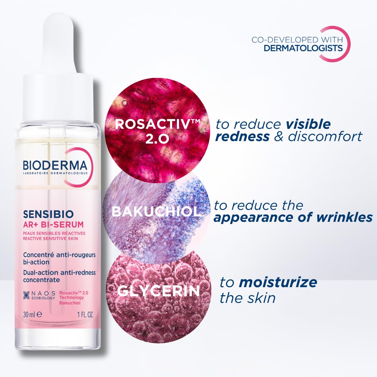 Dispensed Bioderma serum texture on pump emphasizing lightweight absorbent finish