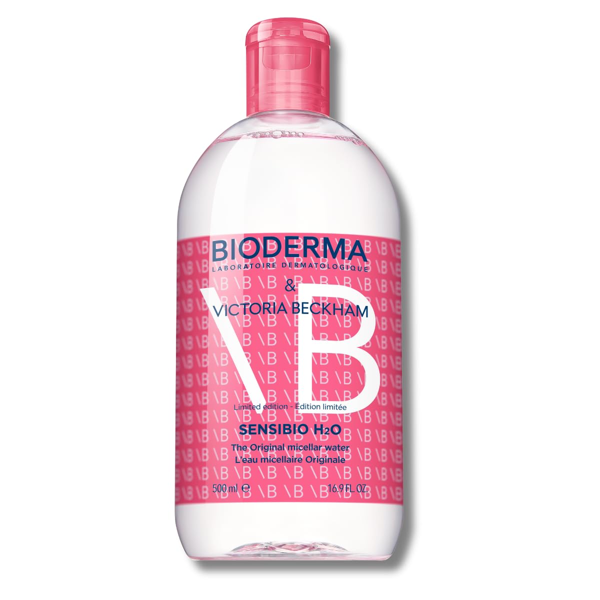 Bioderma Sensibio H2O Victoria Beckham bottle front showcasing collectible design and gentle cleansing