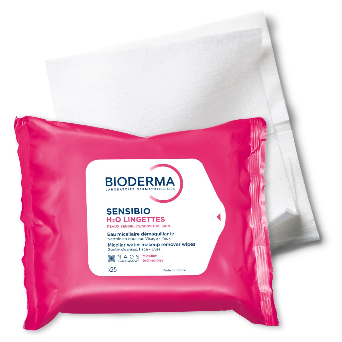 Hand holding a Bioderma wipe demonstrating single-step makeup removal