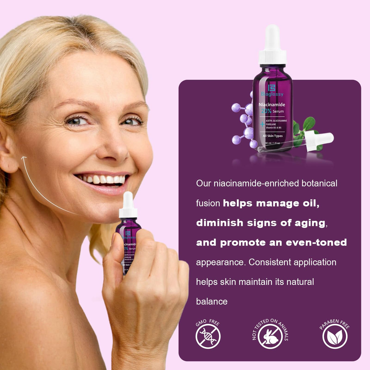 Bioglossy serum applied to hand demonstrating smooth spreadability