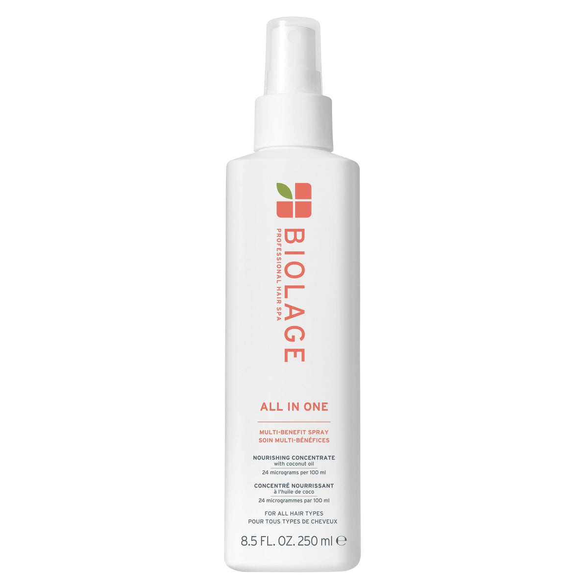 Biolage front packaging showcasing all-in-one benefits and convenience