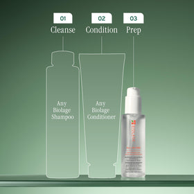 Biolage hands applying oil to damp hair for detangling benefit