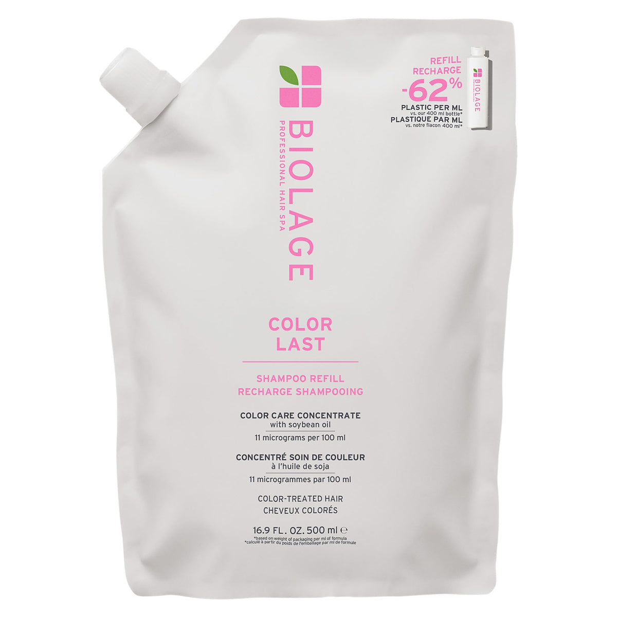 Biolage refill front pouch showing label and product benefit