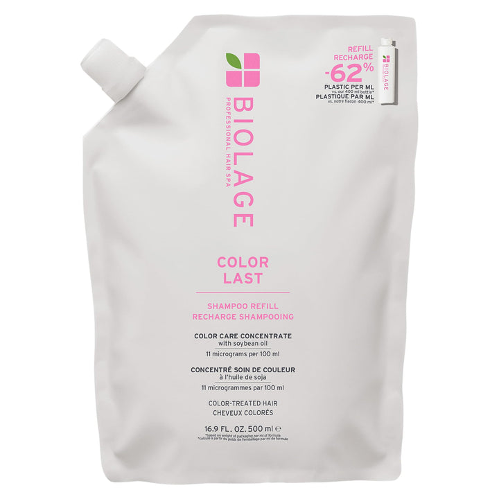 Biolage refill front pouch showing label and product benefit