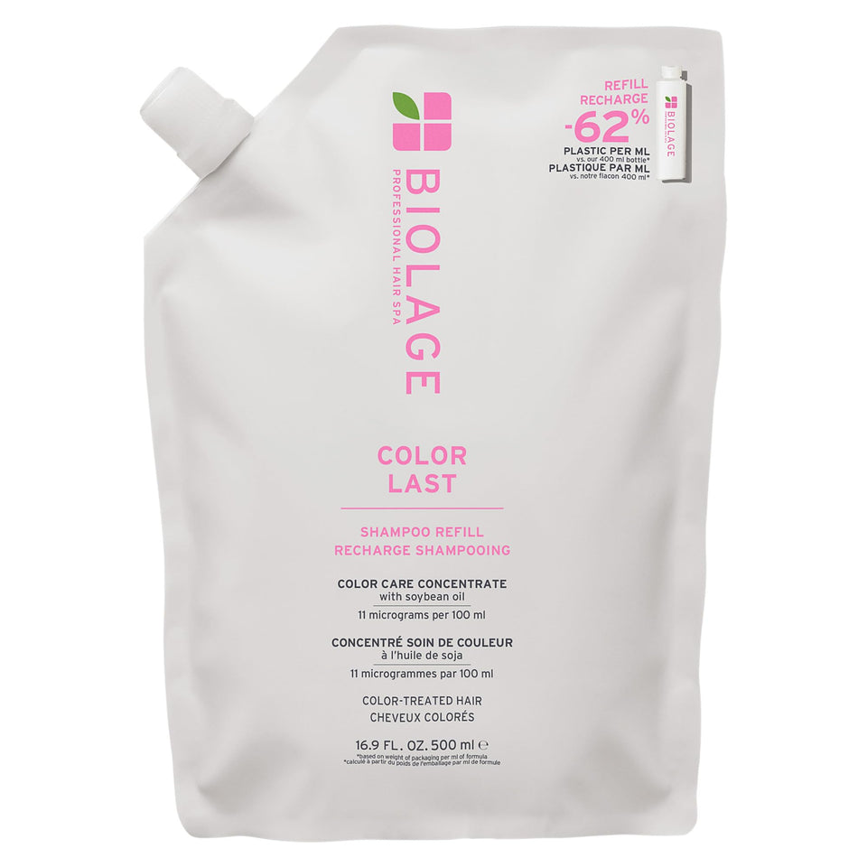 Biolage refill front pouch showing label and product benefit