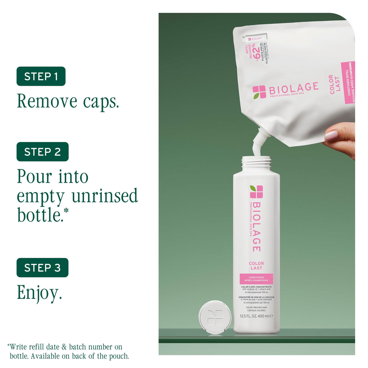 Biolage Color Last size comparison next to hand showing 16.9 fl oz