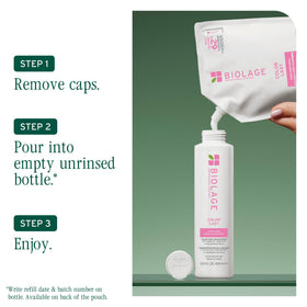 Biolage Color Last size comparison next to hand showing 16.9 fl oz