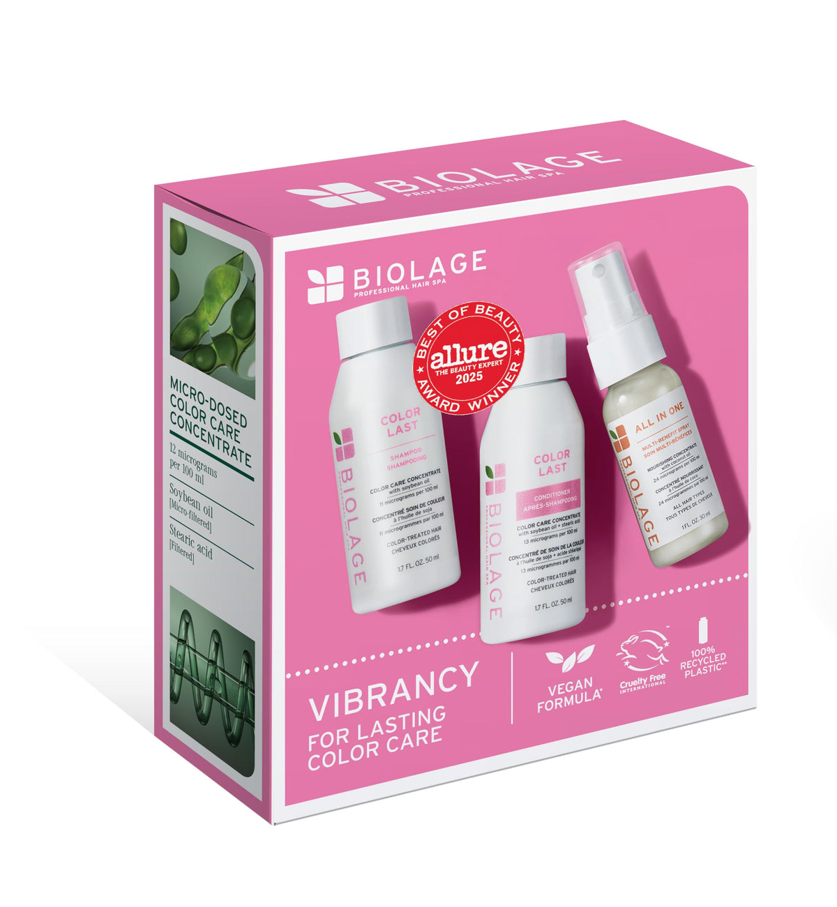 Biolage travel trio front packaging showing compact bottles and color care benefit