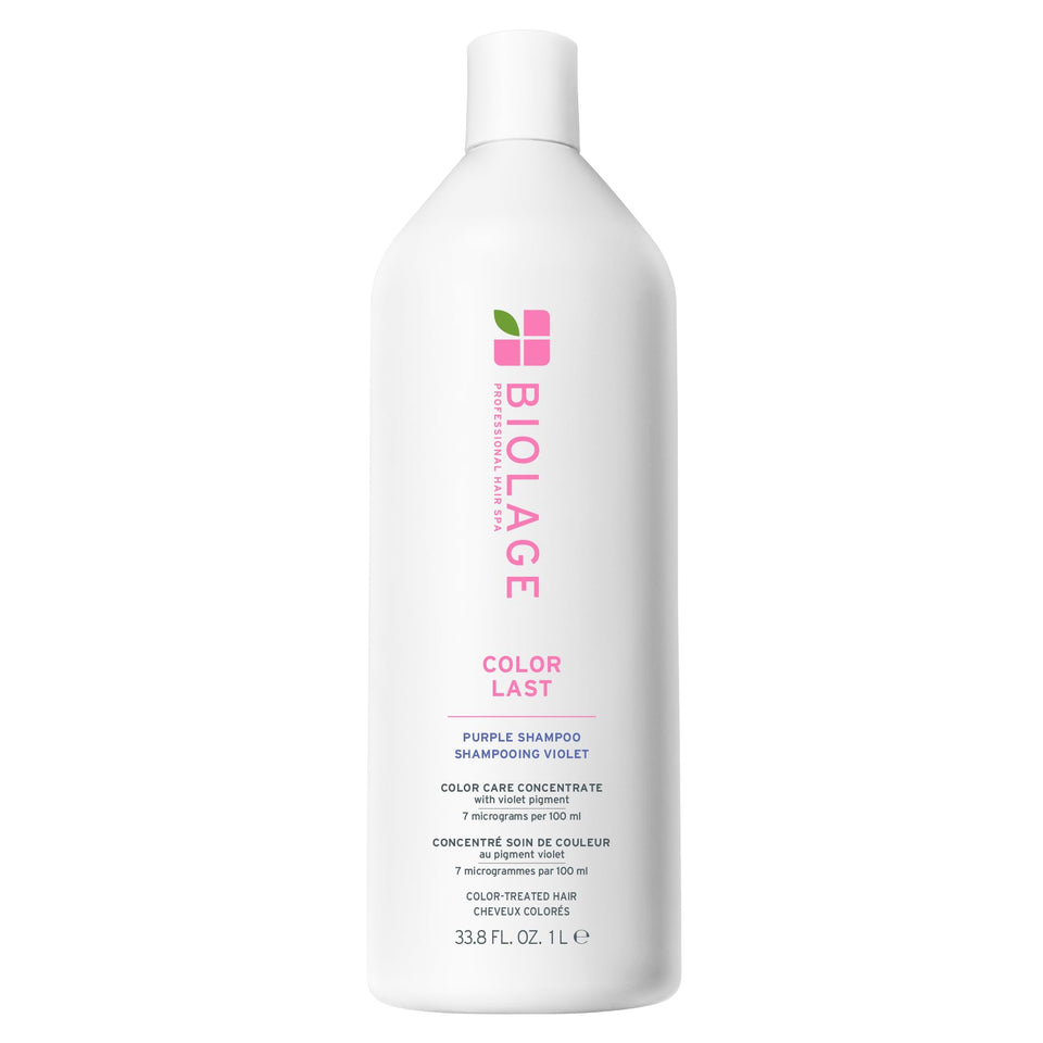 Biolage front bottle showing product and purple tone benefits