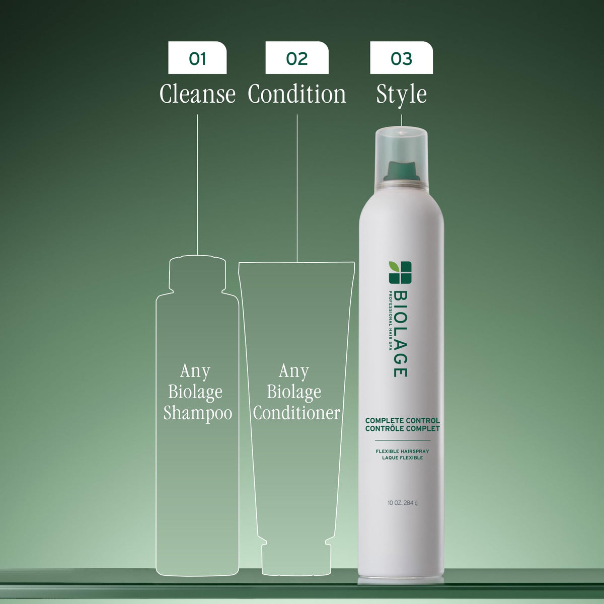 Biolage on bathroom vanity in lifestyle shot showing salon-finish at home benefit