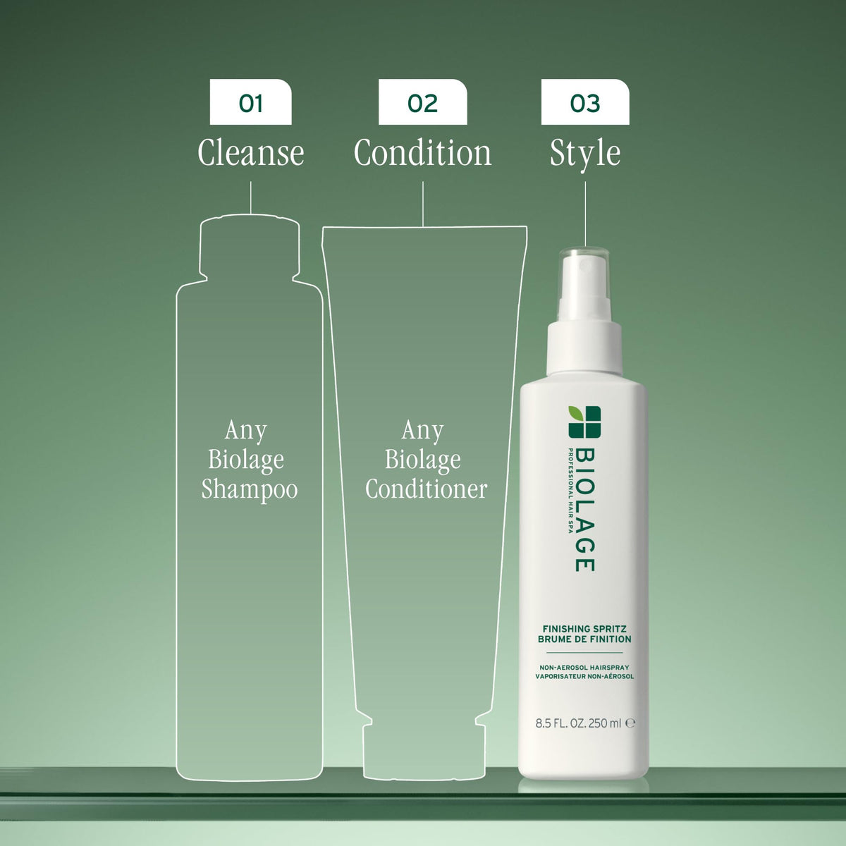 Biolage Finishing Spritz next to a hand for size comparison and ease of use