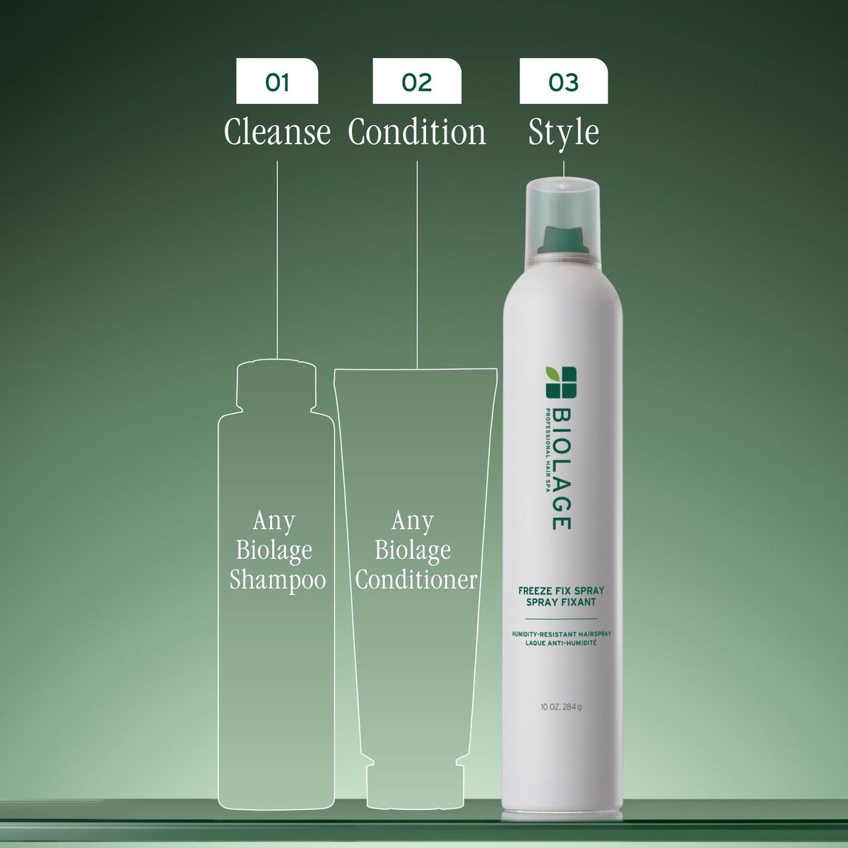 Biolage Freeze Fix styling in use on model illustrating frizz control and natural movement
