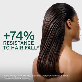 Biolage Full Rescue shampoo on shower shelf showing easy daily use benefit