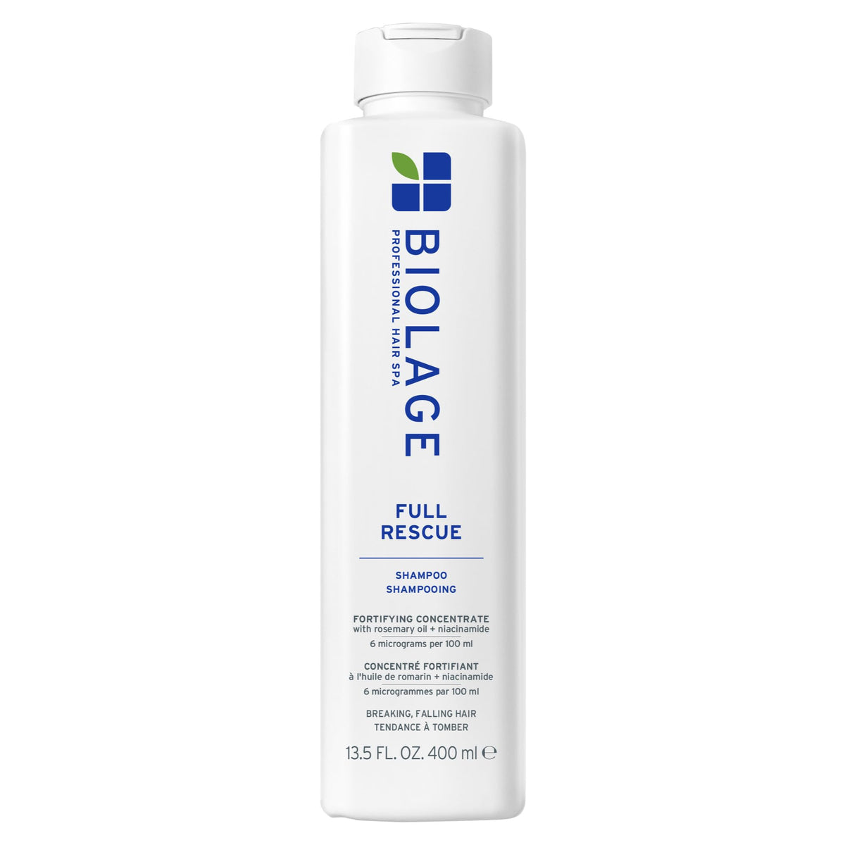 Biolage Full Rescue shampoo front view showing bottle and clear branding benefit: fuller-looking hair
