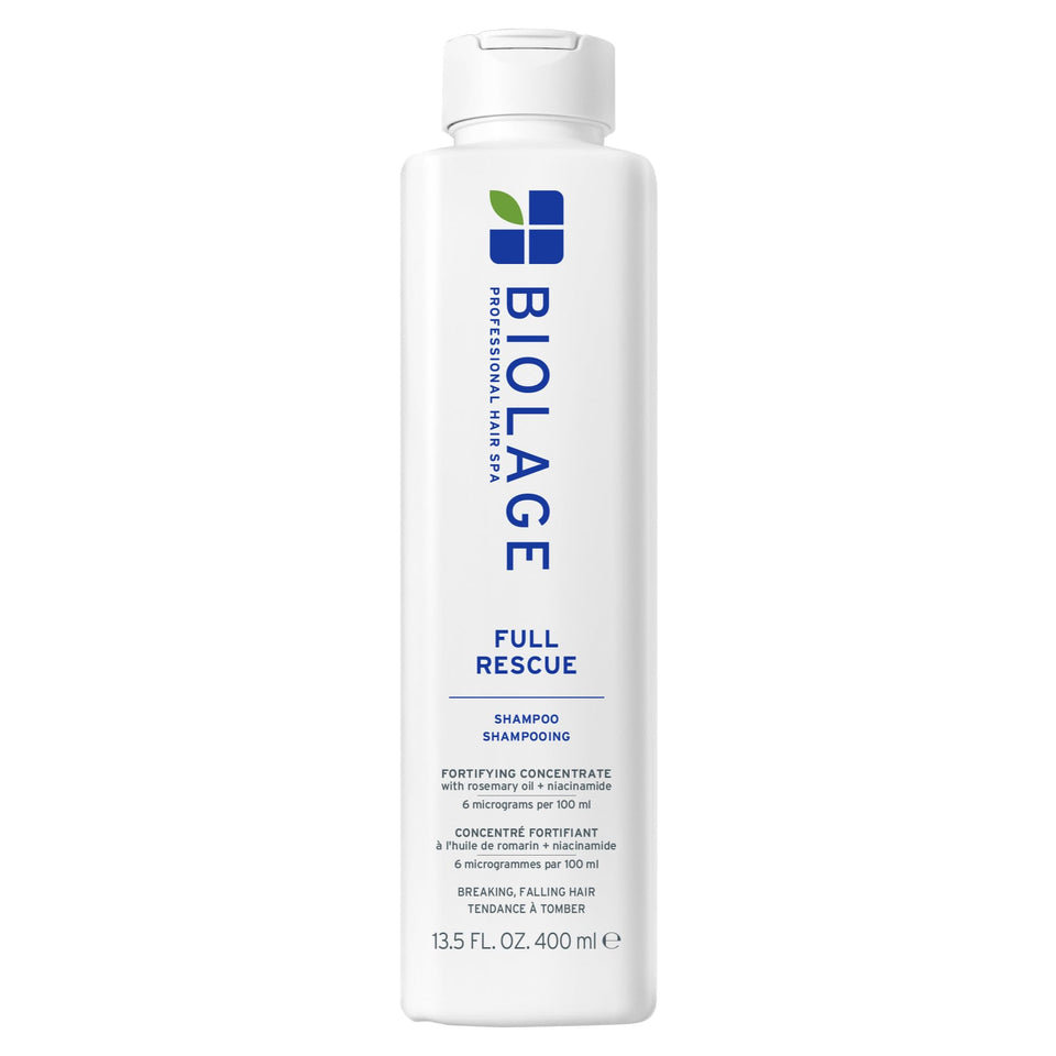 Biolage Full Rescue shampoo front view showing bottle and clear branding benefit: fuller-looking hair