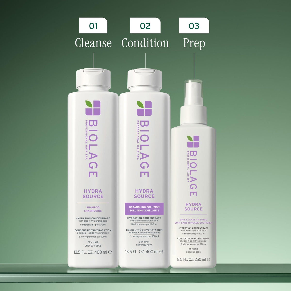 Biolage Hydra Source beside ruler showing 33.8 oz size for long-lasting use