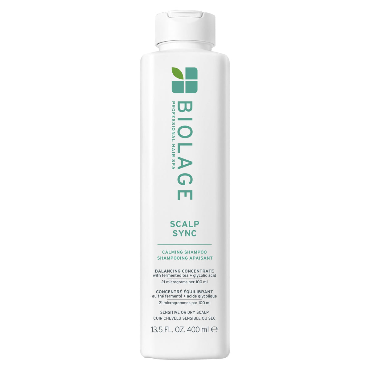 Biolage front packaging showing calming shampoo for sensitive scalps, promotes gentle cleansing