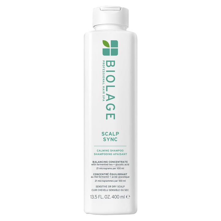 Biolage front packaging showing calming shampoo for sensitive scalps, promotes gentle cleansing