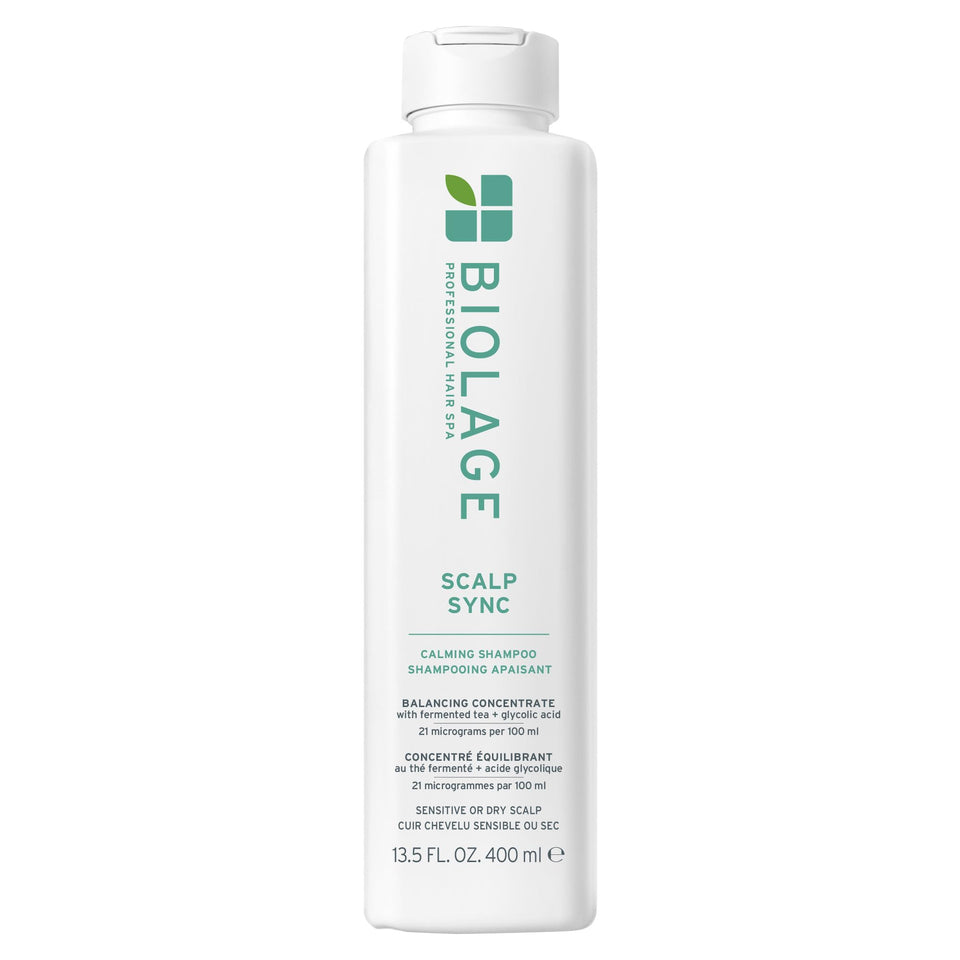 Biolage front packaging showing calming shampoo for sensitive scalps, promotes gentle cleansing