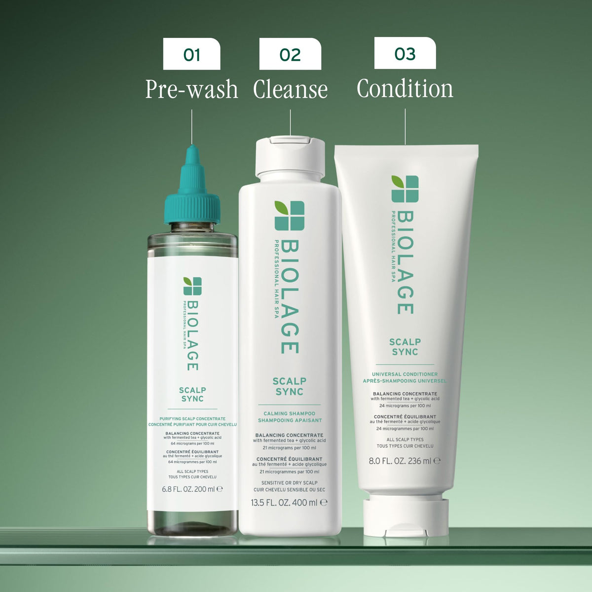 Biolage Scalp Sync beside common items showing 7.9 fl oz size and portable benefit