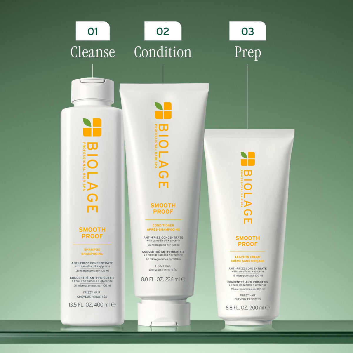 Biolage before and after hair showing reduced frizz and shine